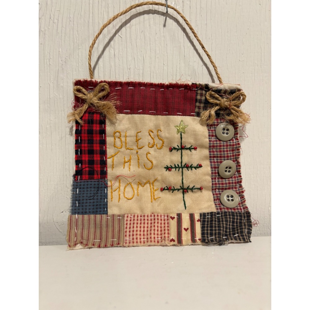 Bless This Home Primitive Patchwork Wall Hanging Christmas Tree Farmhouse Decor